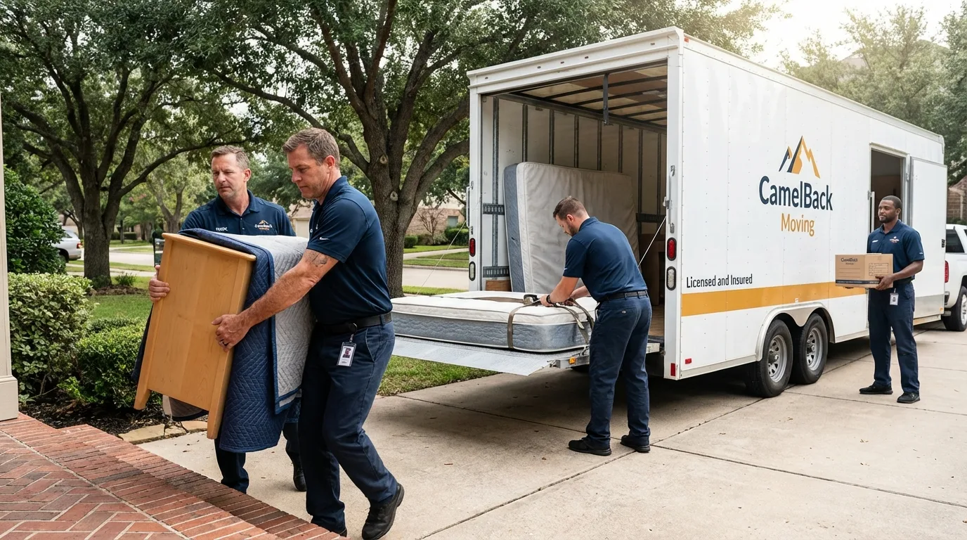 Crew loading residential truck for cross-state move from Colbert, OK