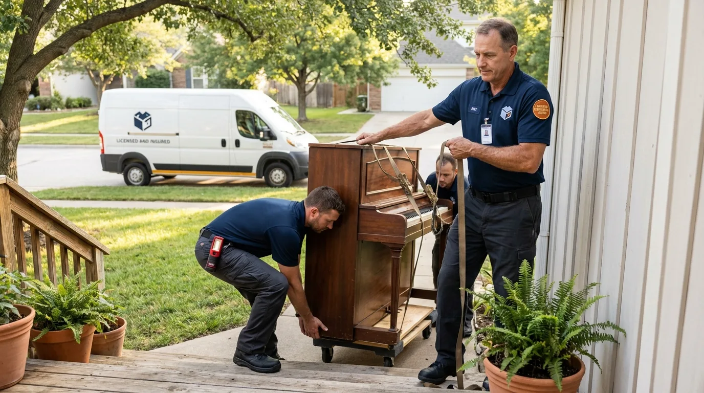 Licensed piano movers securing grand piano in Colbert, OK