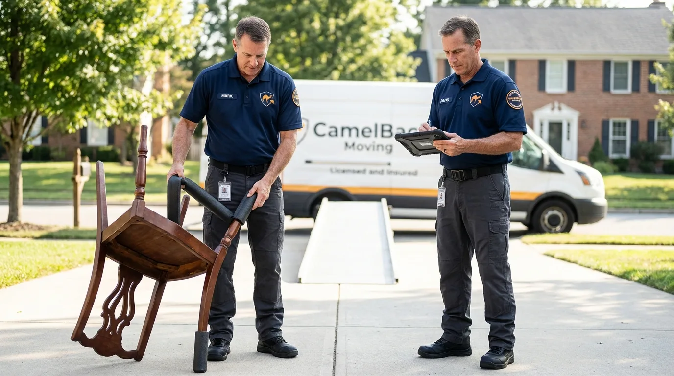 Movers inspecting furniture for damage prevention before loading in Colbert, OK