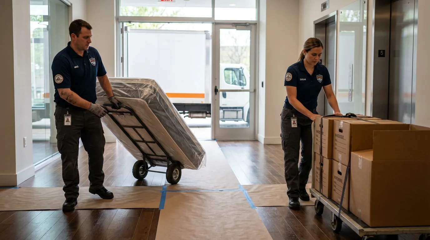 Professional apartment movers loading elevator in Colbert, OK