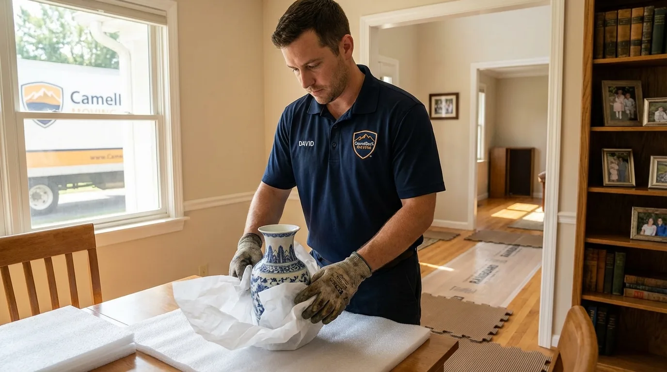 Professional crew carefully wrapping antique vase for senior downsizing move in Colbert, OK